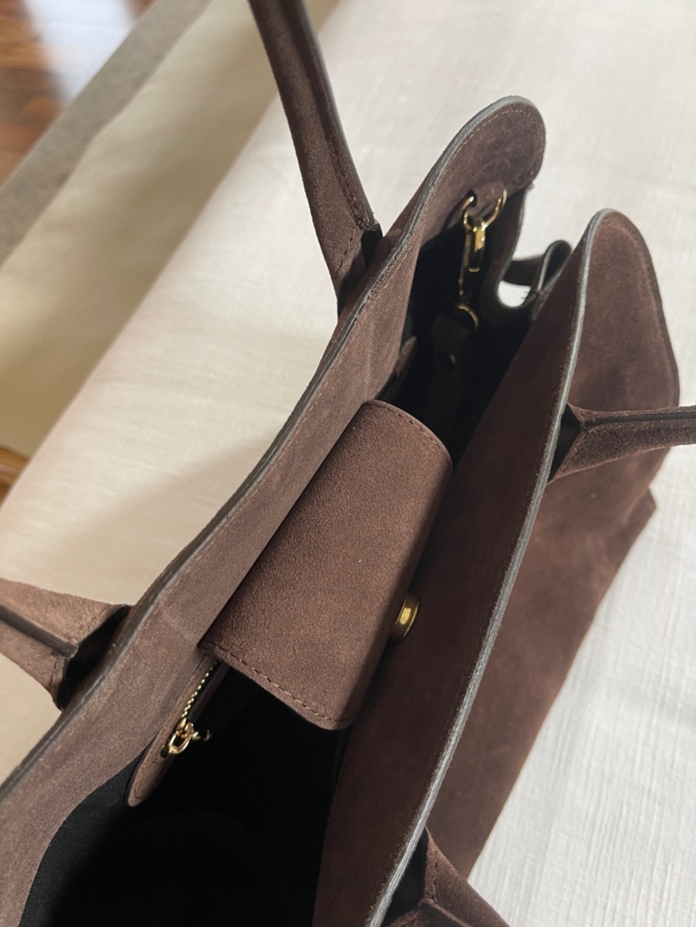 Structured Dark Brown Suede Satchel Handbag - Picture 6 of 7
